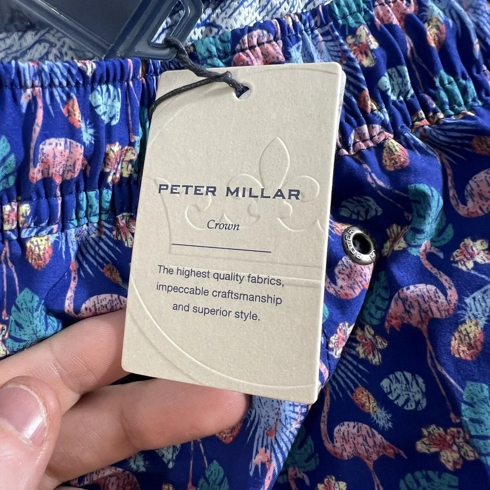 Peter Millar Tropical Flock Swim Trunks Mens‎ 2XL Blue Flamingo Stretch Pouch